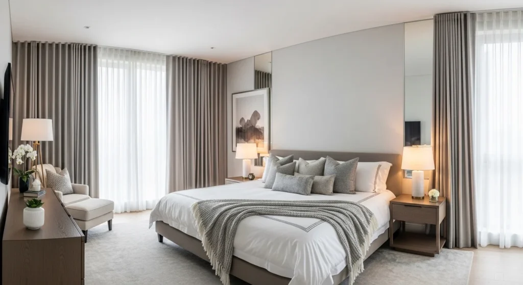 Elegant master bedroom featuring floor-to-ceiling curtains enhancing height and softness