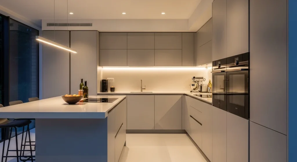 Soft matte grey kitchen cabinets creating a modern elegant kitchen interior