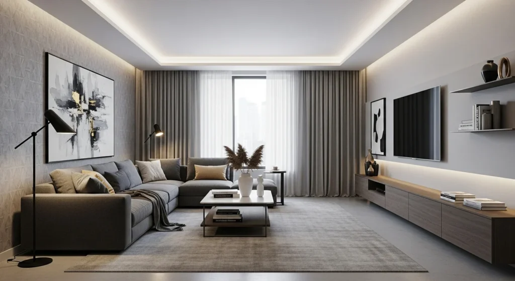 Gray living room design ideas for 2026 featuring modern furniture, layered gray tones, soft textures, and a contemporary interior style