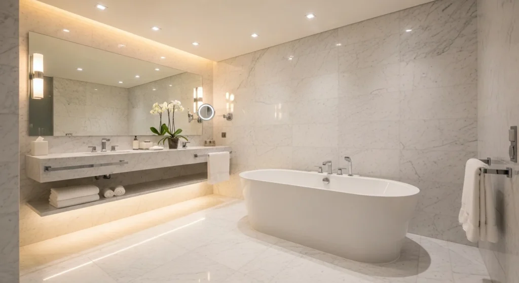 elegant marble bathroom design with luxury modern styling and soft lighting