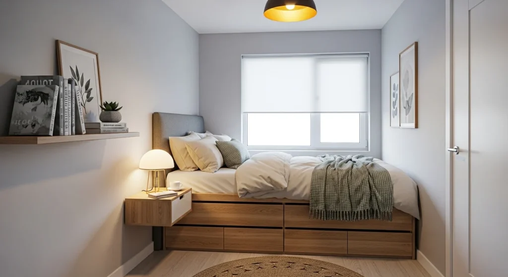 small bedroom featuring under bed storage drawers for smart hidden organization