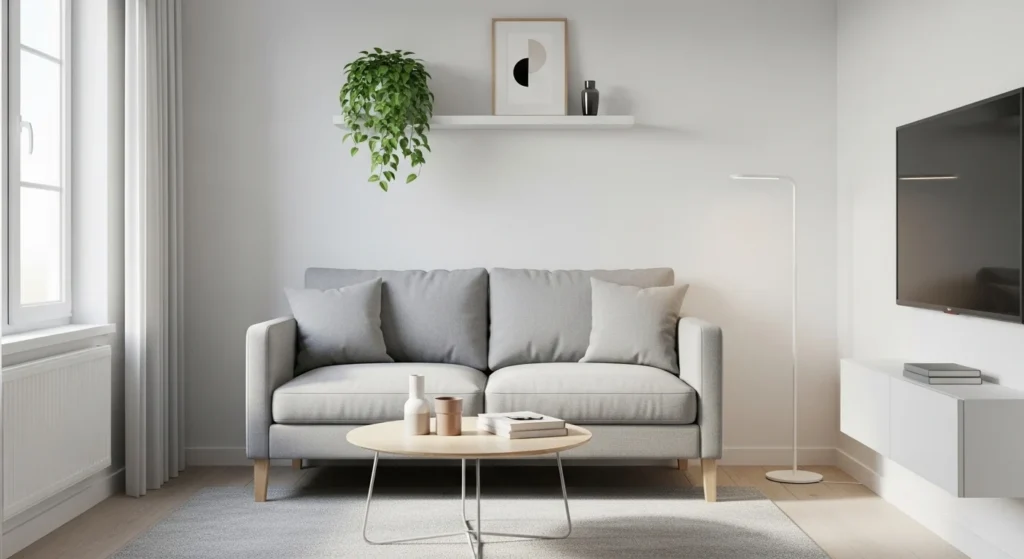 Compact white living room designed to appear spacious using minimalist furniture
