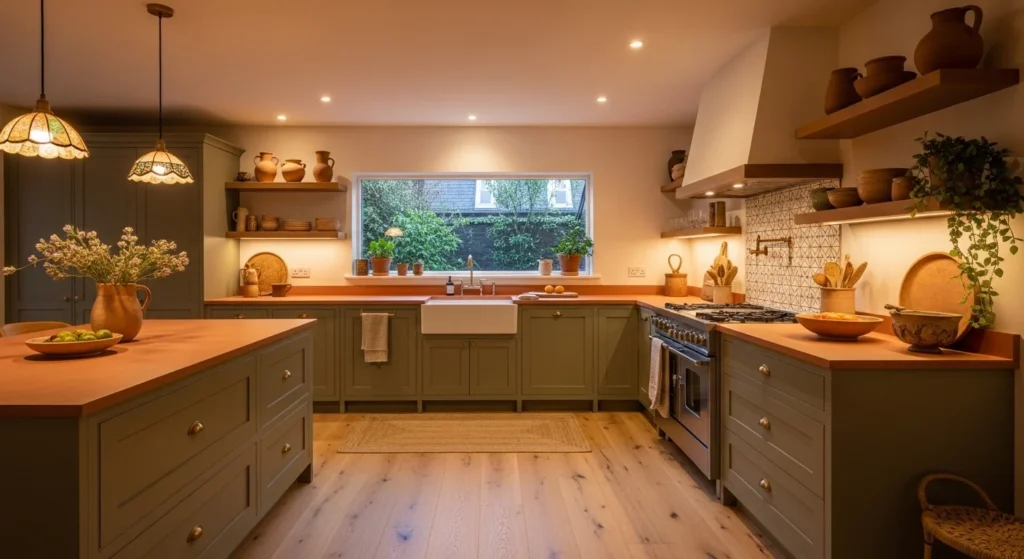 Cozy kitchen designed with earthy colors like terracotta and olive for a natural feel