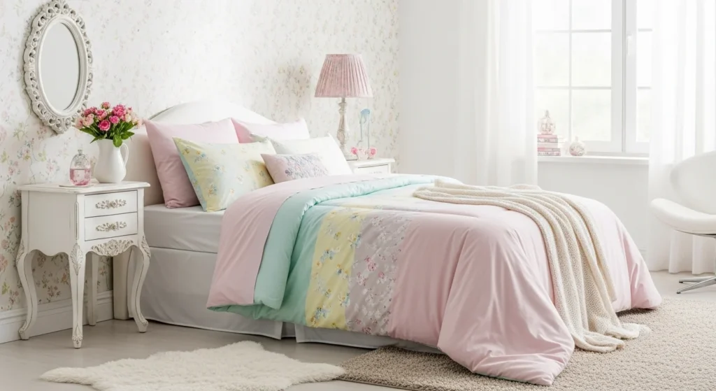 girls bedroom with soft floral wallpaper and feminine modern decor