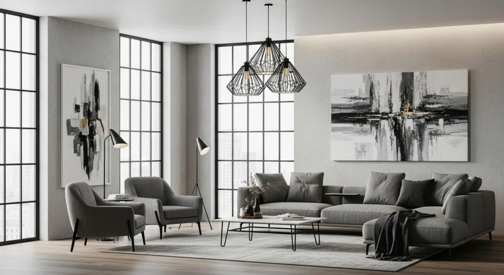 Modern gray living room styled with black metal accents and sleek furniture.