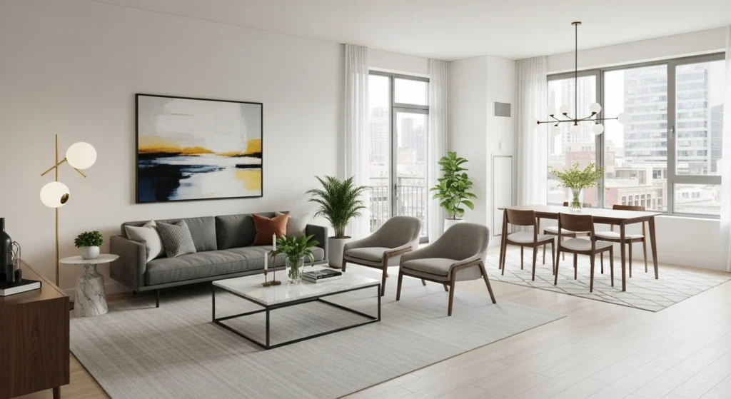 Open plan apartment living room connected with dining space using modern zoning design