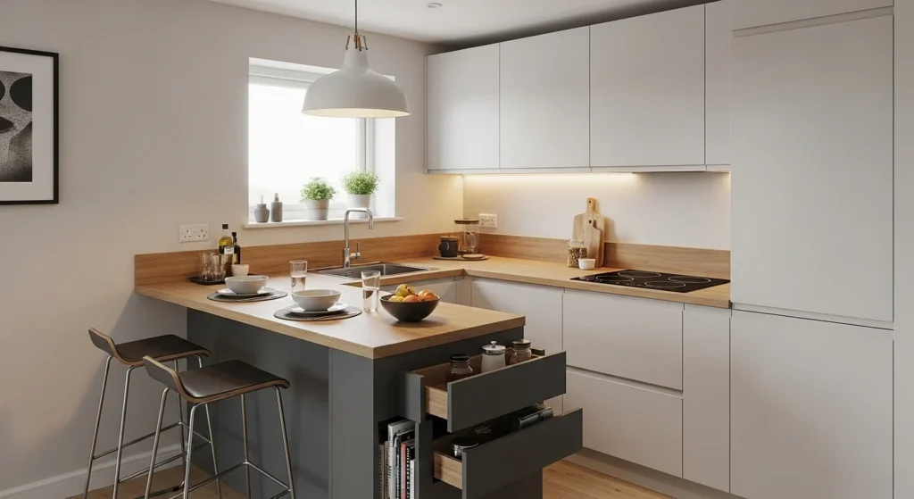 Compact kitchen with narrow island providing storage and workspace in a modern layout