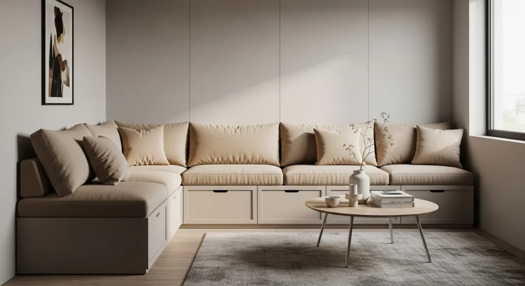 Small living room featuring built-in seating with hidden storage for space efficiency