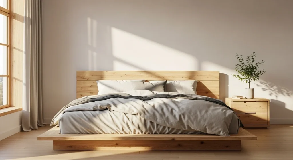Minimalist bedroom with natural wood bed and furniture, neutral bedding, and warm daylight