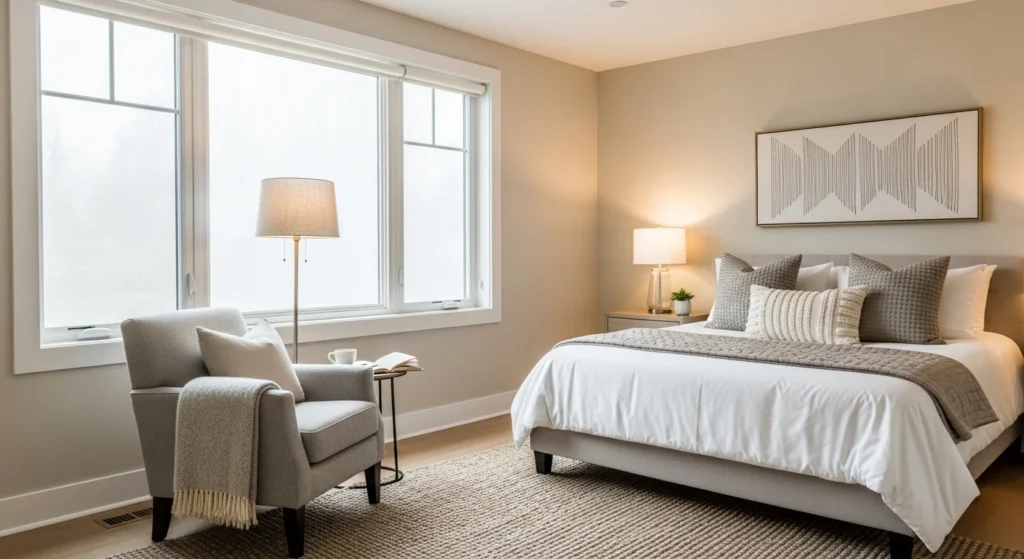 Cozy guest bedroom featuring a comfortable reading corner near window