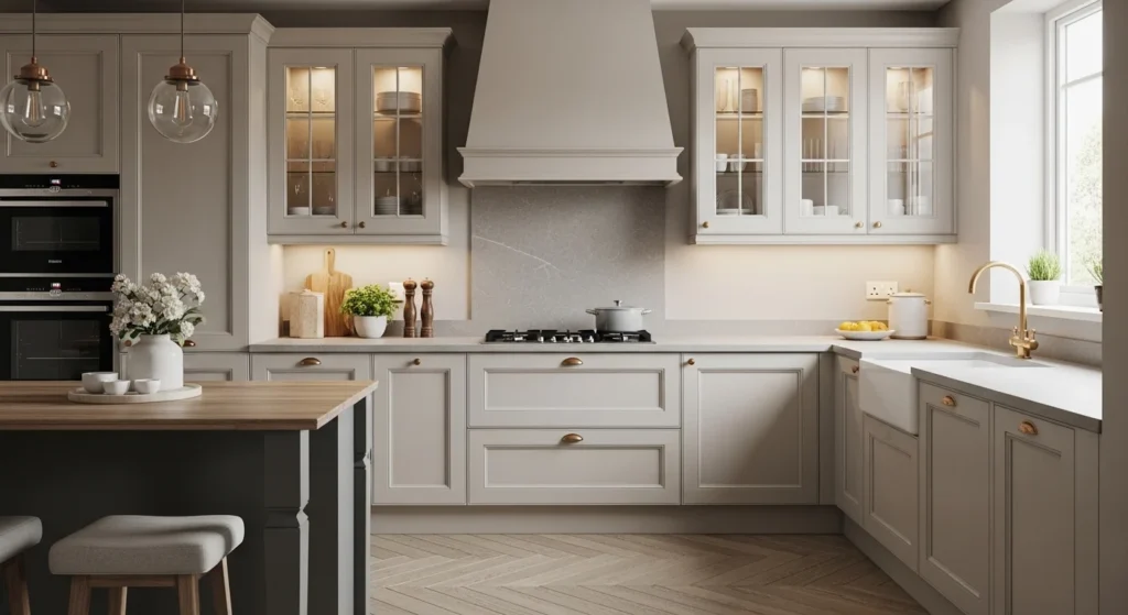 Neutral-toned kitchen with cream cabinets and warm grey accents creating a calm modern space.