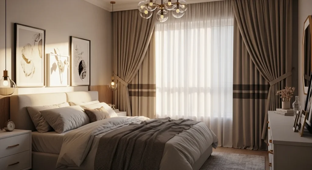 Warm bedroom with sheer curtains filtering natural light creating a peaceful cozy environment