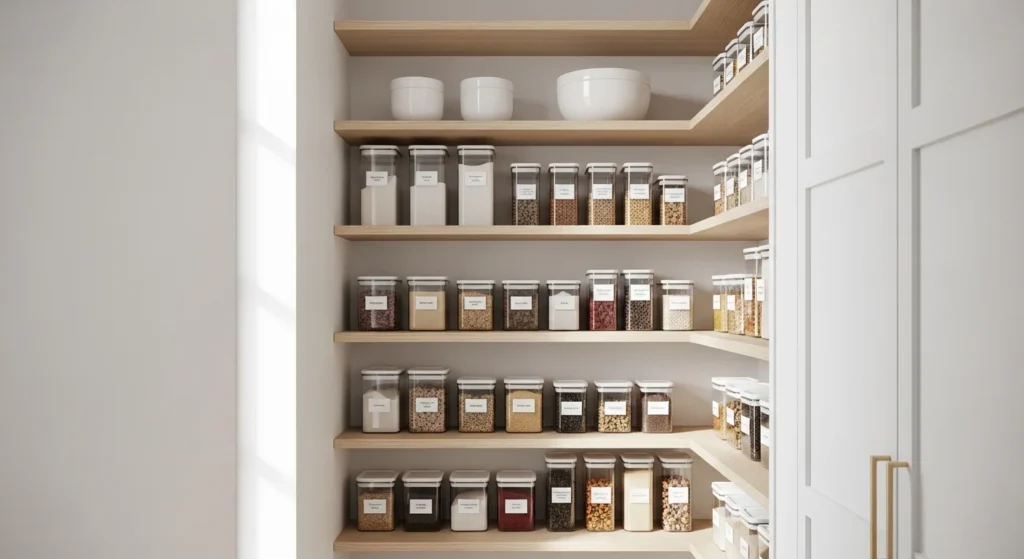 Bright white pantry shelves creating a spacious minimalist kitchen storage area