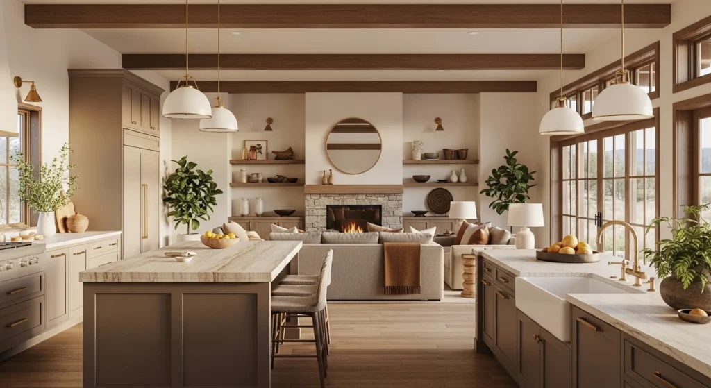 Modern open kitchen living room styled with warm wood finishes and natural textures