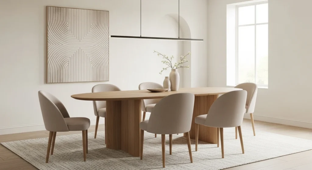 Contemporary dining room featuring oval table and curved upholstered chairs