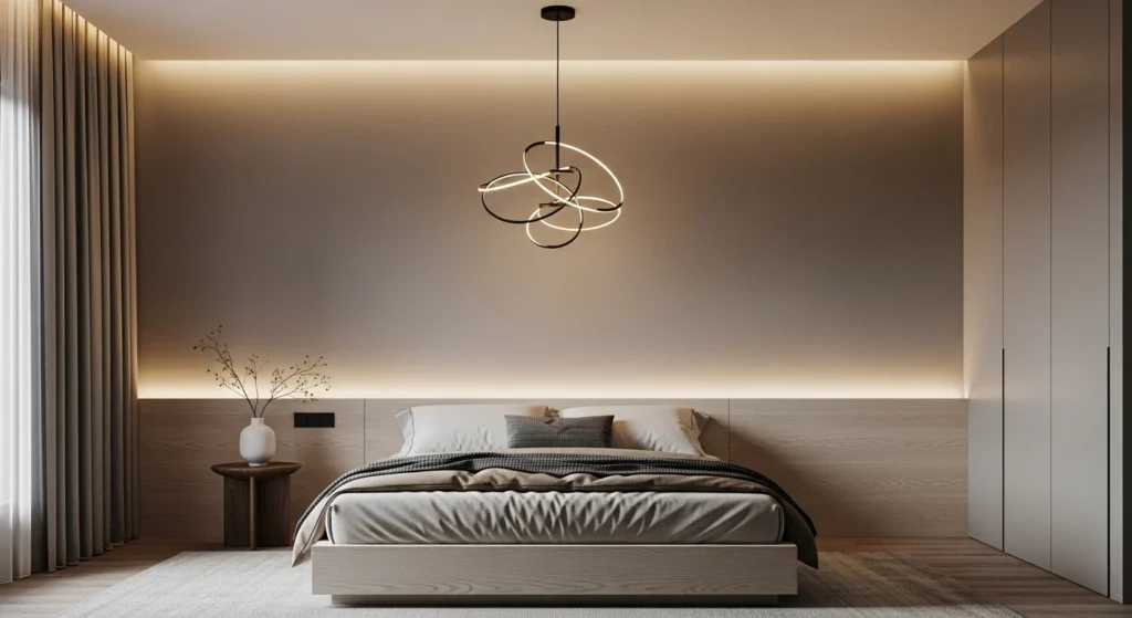 Minimalist bedroom featuring sculptural pendant lighting as a modern focal point