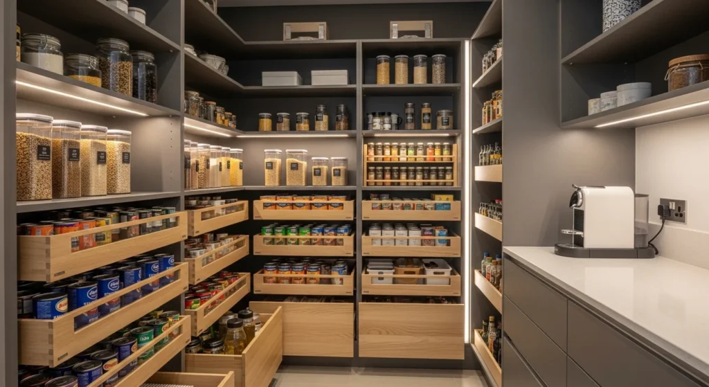 walk-in pantry with pull-out drawers for easy access storage organization