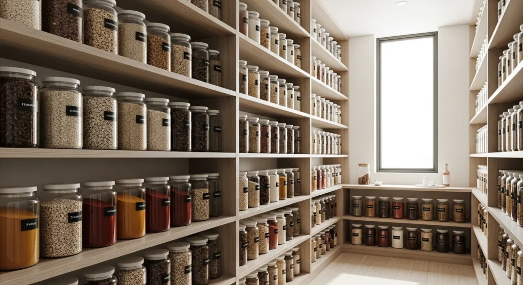 Elegant pantry storage using glass jars filled with grains and dry ingredients.