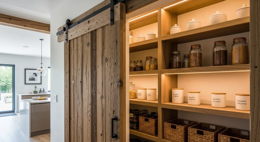 Stylish kitchen pantry with sliding barn door combining rustic and modern design
