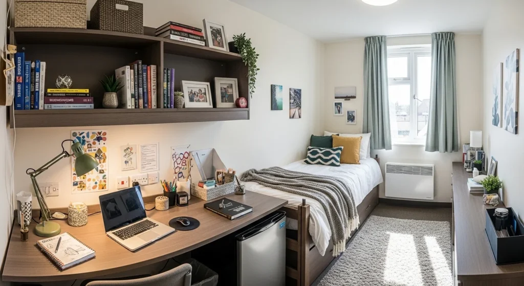 Dorm room with floating wall shelves for books, decor, and storage