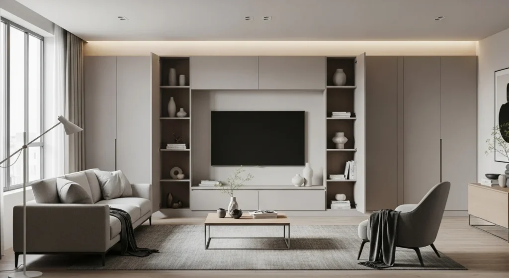 Apartment living room featuring seamless built-in storage cabinets and a clean modern design