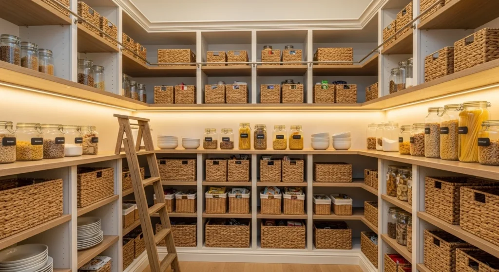 Walk-in pantry using woven baskets for warm and flexible storage solutions