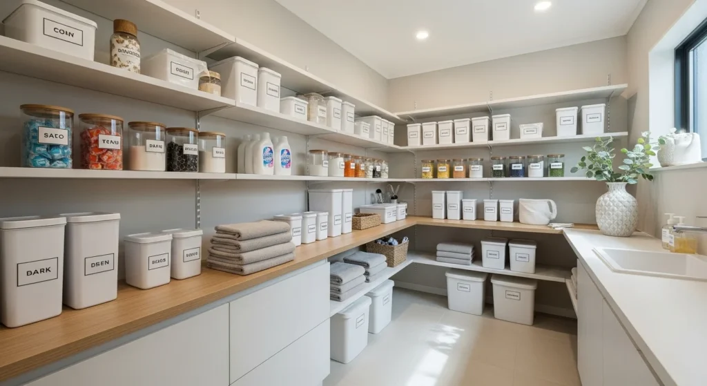 Laundry pantry with labelled jars and containers for clean modern organization