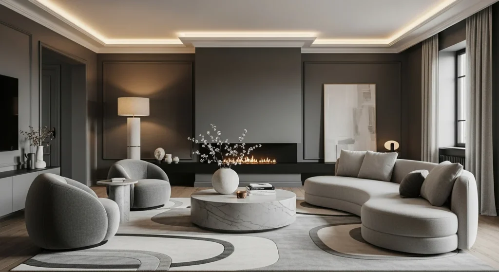 Gray living room featuring a curved sofa and rounded furniture with soft modern styling