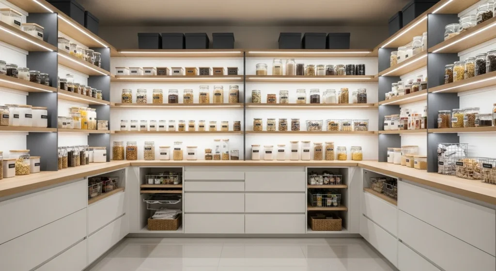 Pantry with LED lighting illuminating shelves for better visibility and modern design