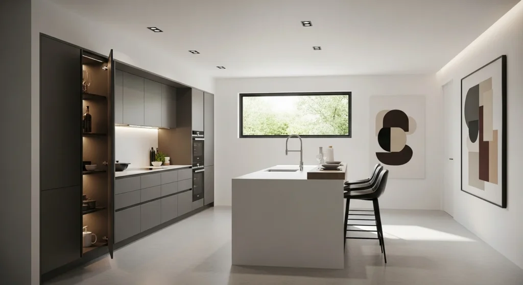 Handleless kitchen cabinets concealing pantry storage for a sleek modern design