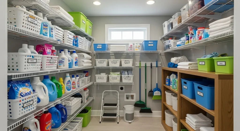 Laundry room pantry with adjustable shelves allowing flexible storage options