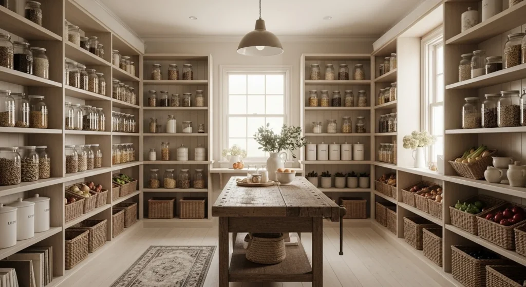 armhouse pantry designed in soft neutral tones for a calm and cozy look