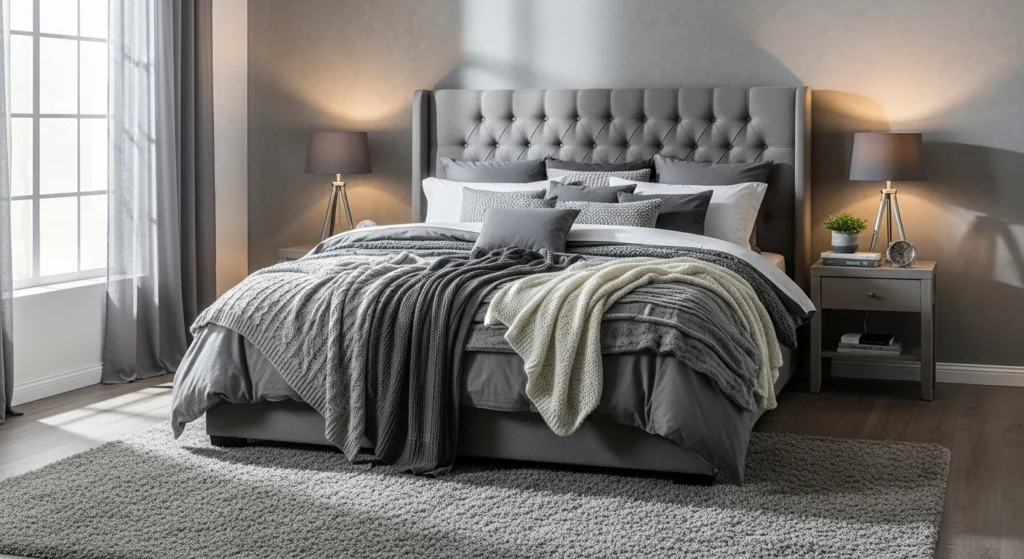Grey Bedroom with Upholstered Bed