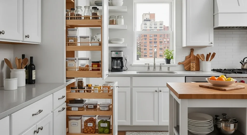 Small kitchen featuring pull-out pantry drawers and organized storage for easy access