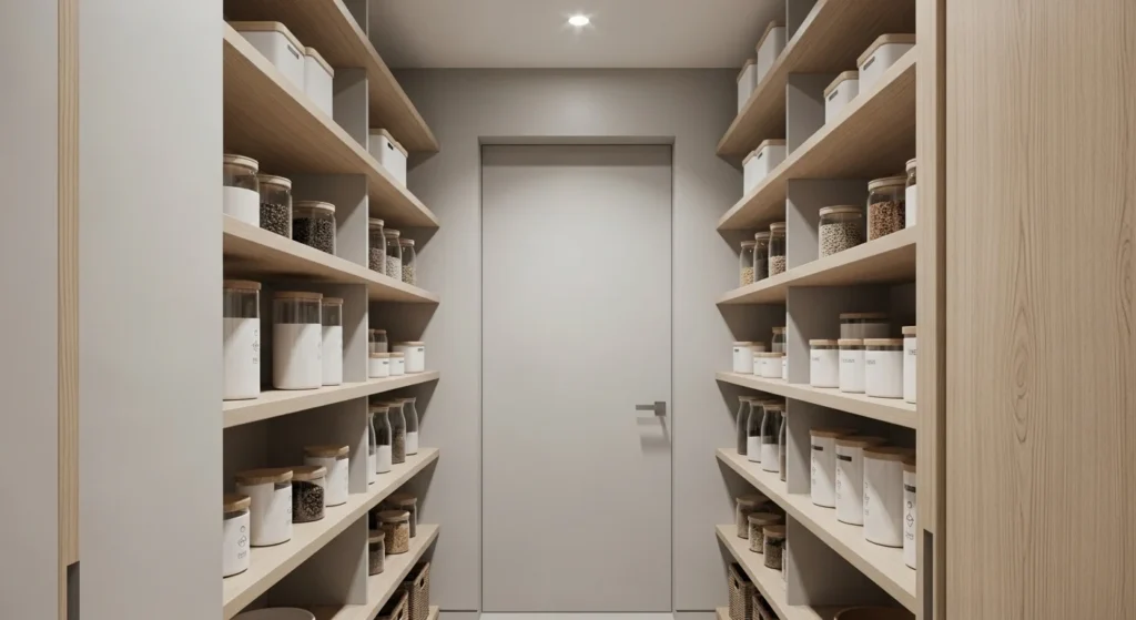 Minimalist narrow walk-in pantry with clean lines and clutter-free storage