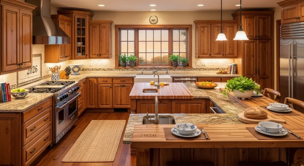 U-shaped wooden kitchen with ample counter space and warm cabinetry, cozy functional interior