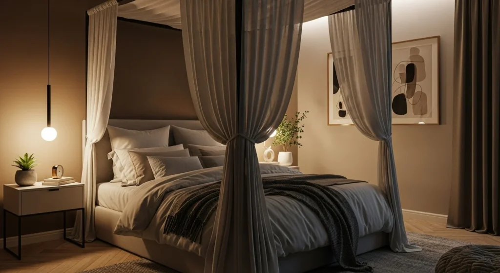 Bed with canopy and flowing drapes, neutral bedding, cozy intimate bedroom 2026
