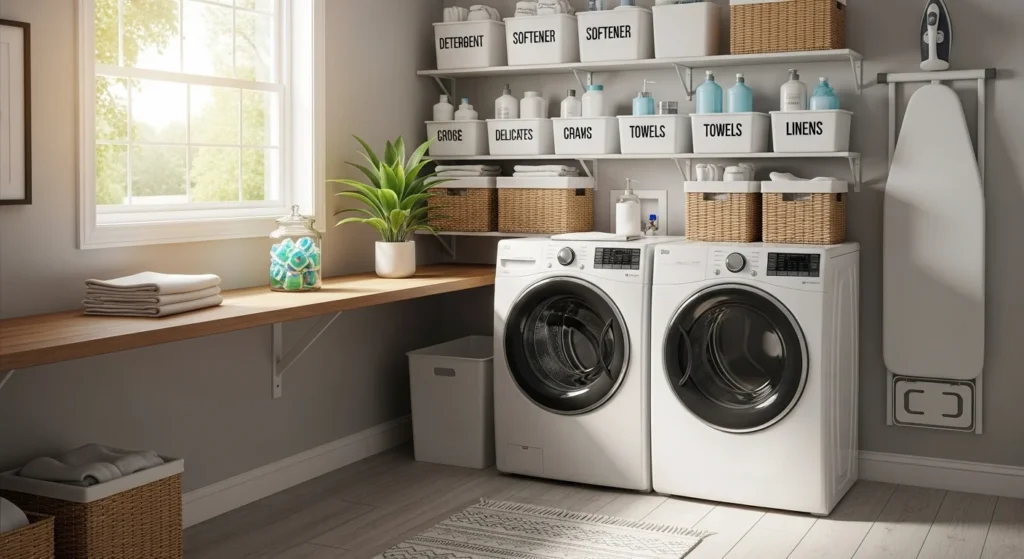 Laundry room with labeled bins and baskets for organized storage, 2026 idea