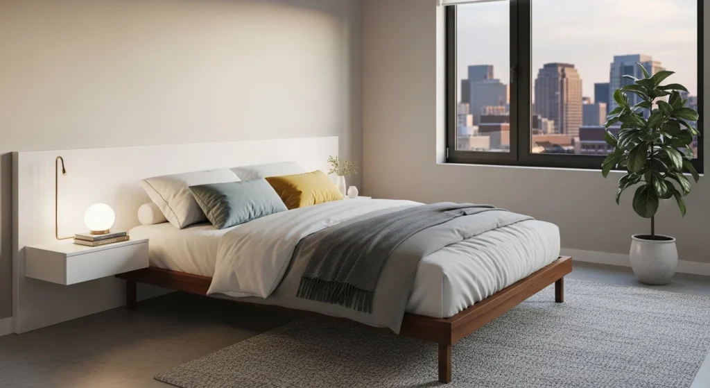 Bedroom layout with bed placed in the corner to maximize open space and functionality