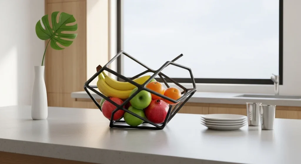 Modern kitchen counter featuring a sculptural fruit bowl centerpiece
