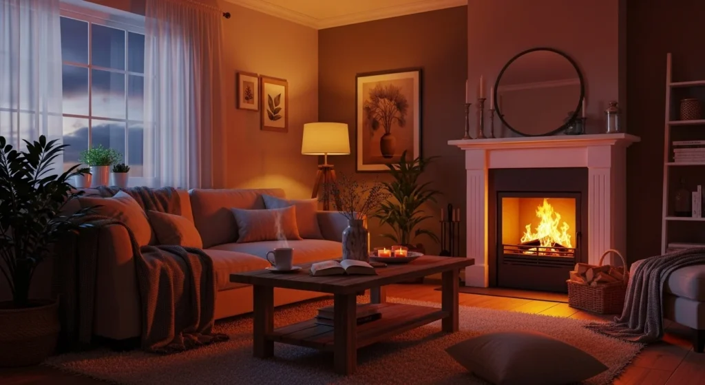 Living room styled with soft ambient lighting for cozy feel