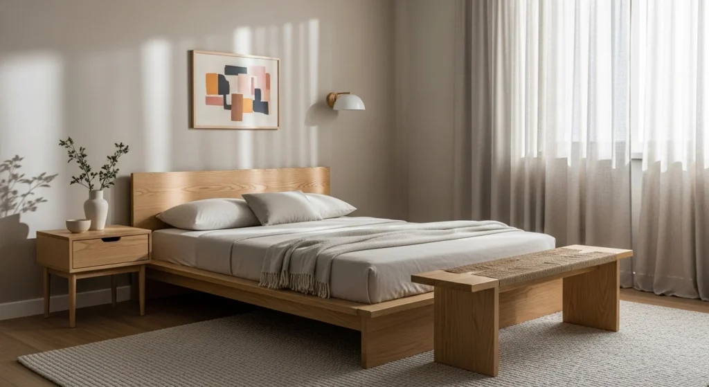 Japandi guest bedroom with low bed, light wood furniture, neutral tones, and a calm atmosphere