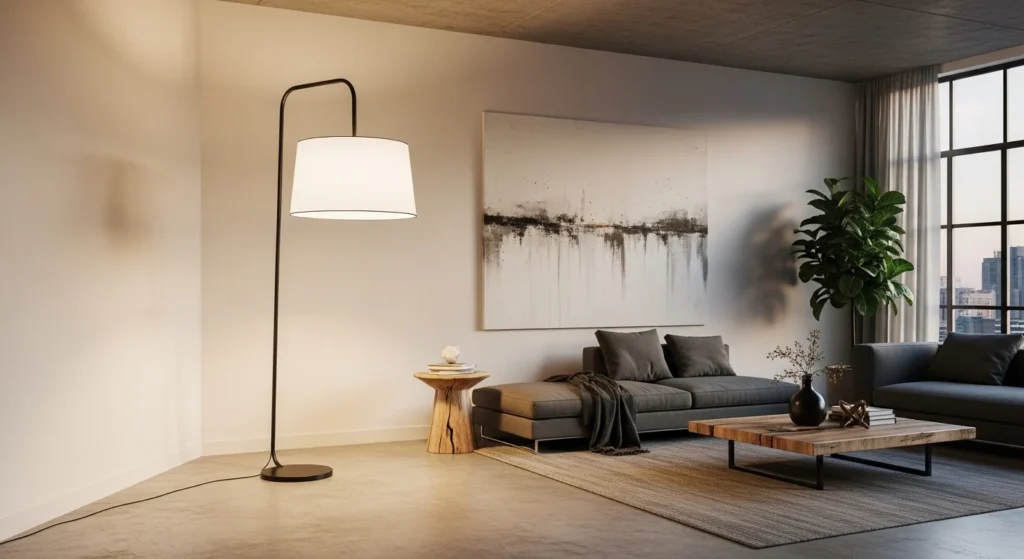 Spacious living room featuring oversized floor lamp as focal point