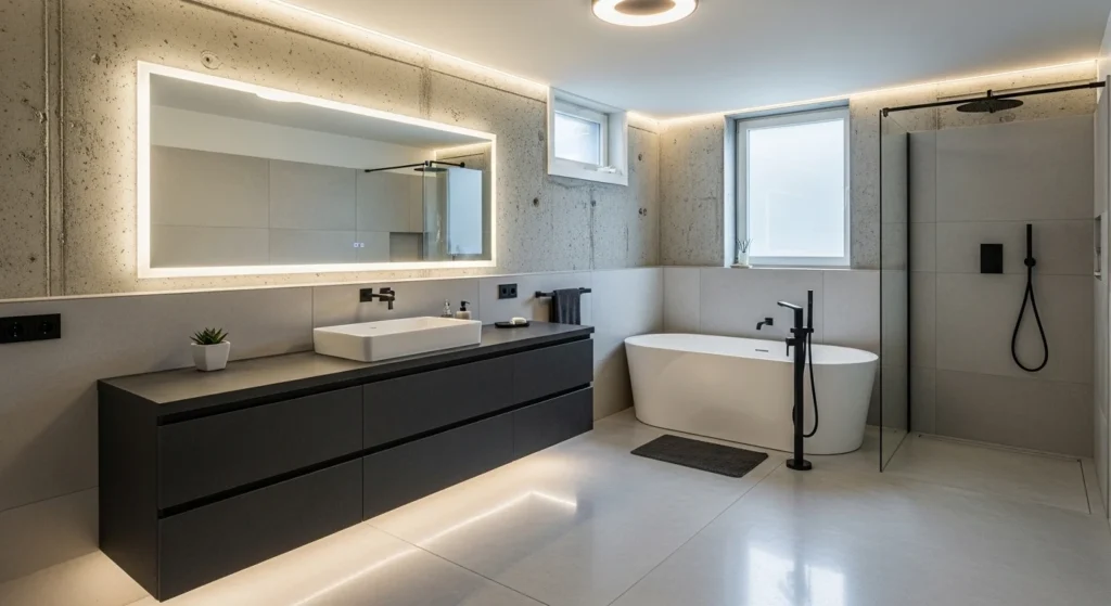 Modern basement bathroom with bold statement vanity unit