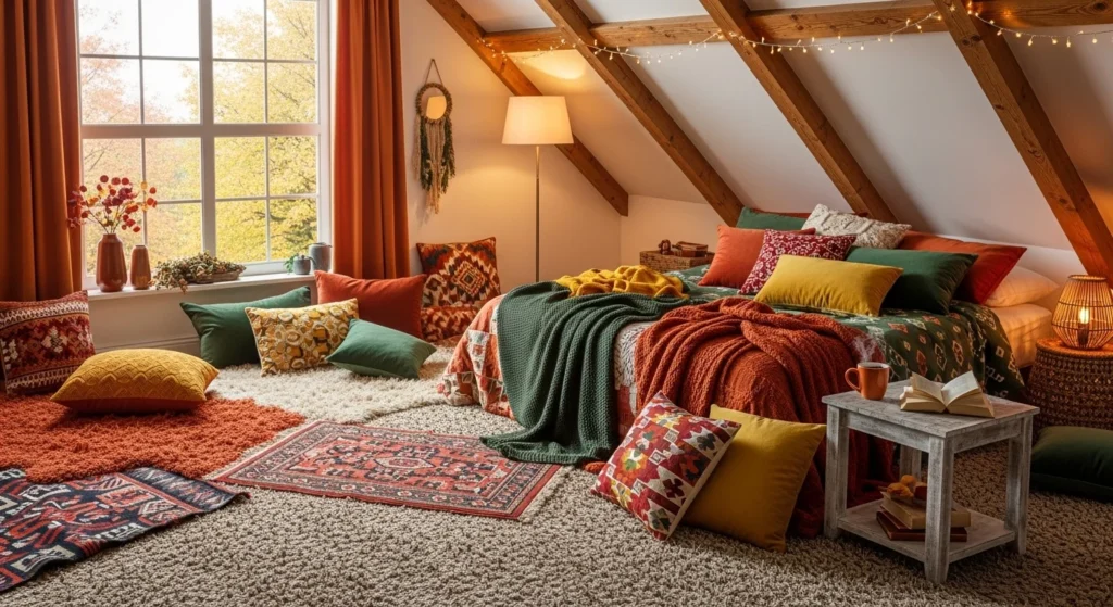 Cozy attic bedroom featuring layered rugs, throws, and cushions