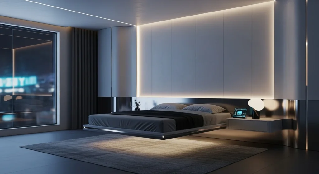 Sleek bedroom with metallic accents, floating furniture, and modern lighting