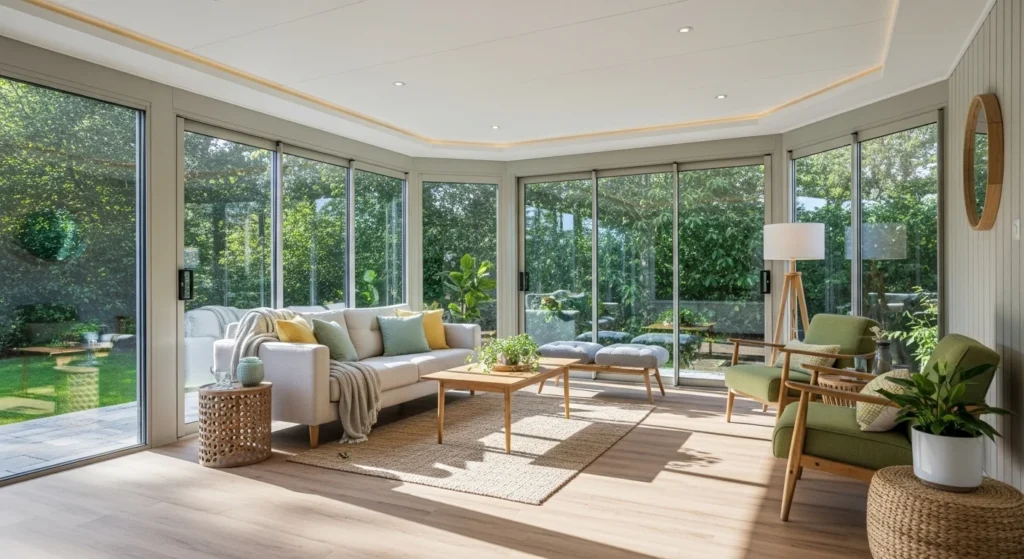 All-season sunroom with insulated glass and comfortable seating