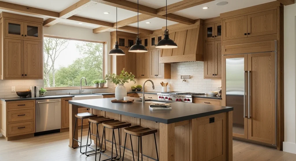 Rustic-modern kitchen featuring natural oak textures and contemporary design