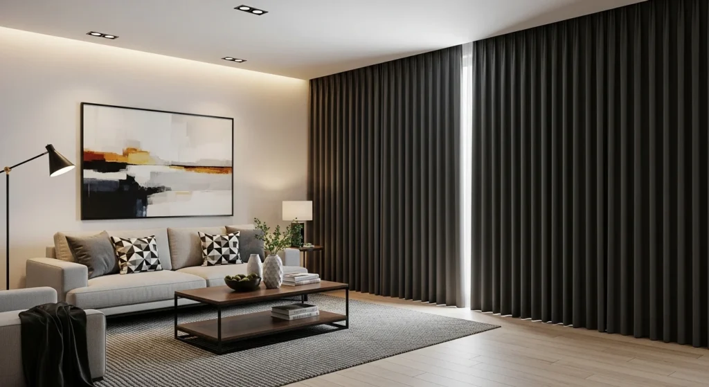 Living room with stylish blackout curtains for light control