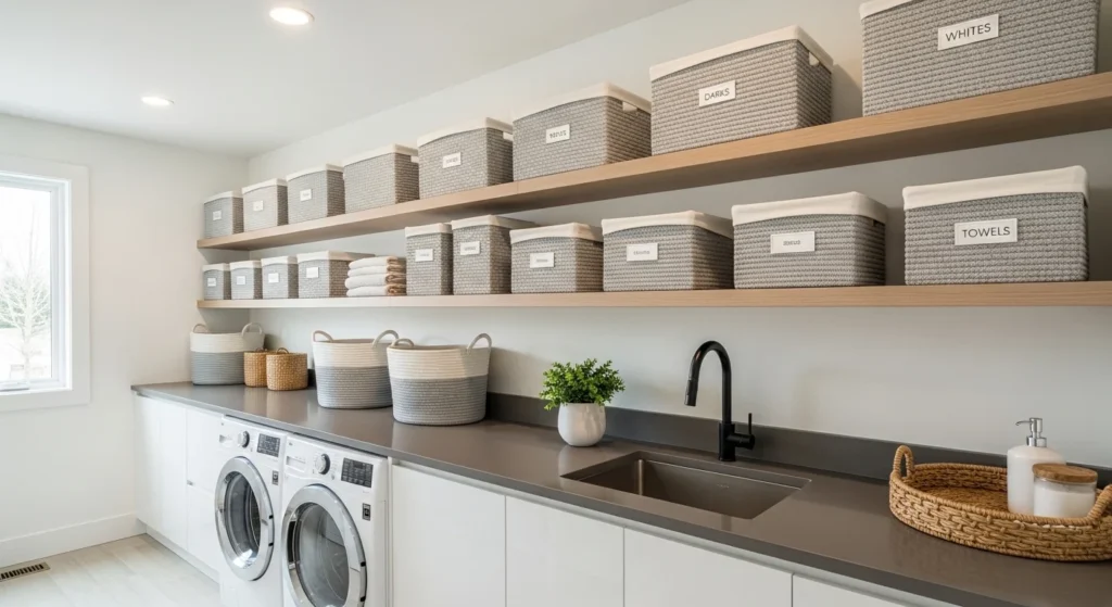 Laundry room shelves styled with storage baskets for neat organization